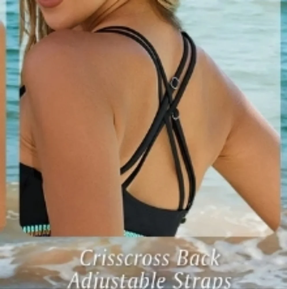 NWT! Blooming Jelly Womens Large ribbed black colorful ZIG ZAG band bikini